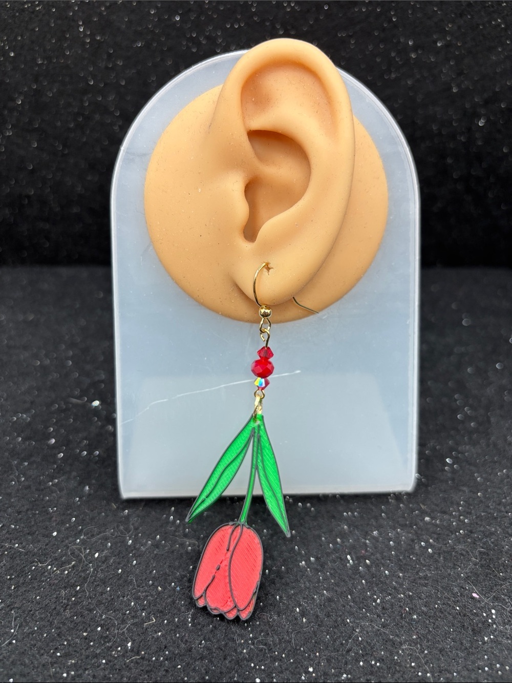 Ruby Red Tulip Dangle Earrings Printed Floral Earrings | Spring Garden Jewelry - Picture 4 of 4